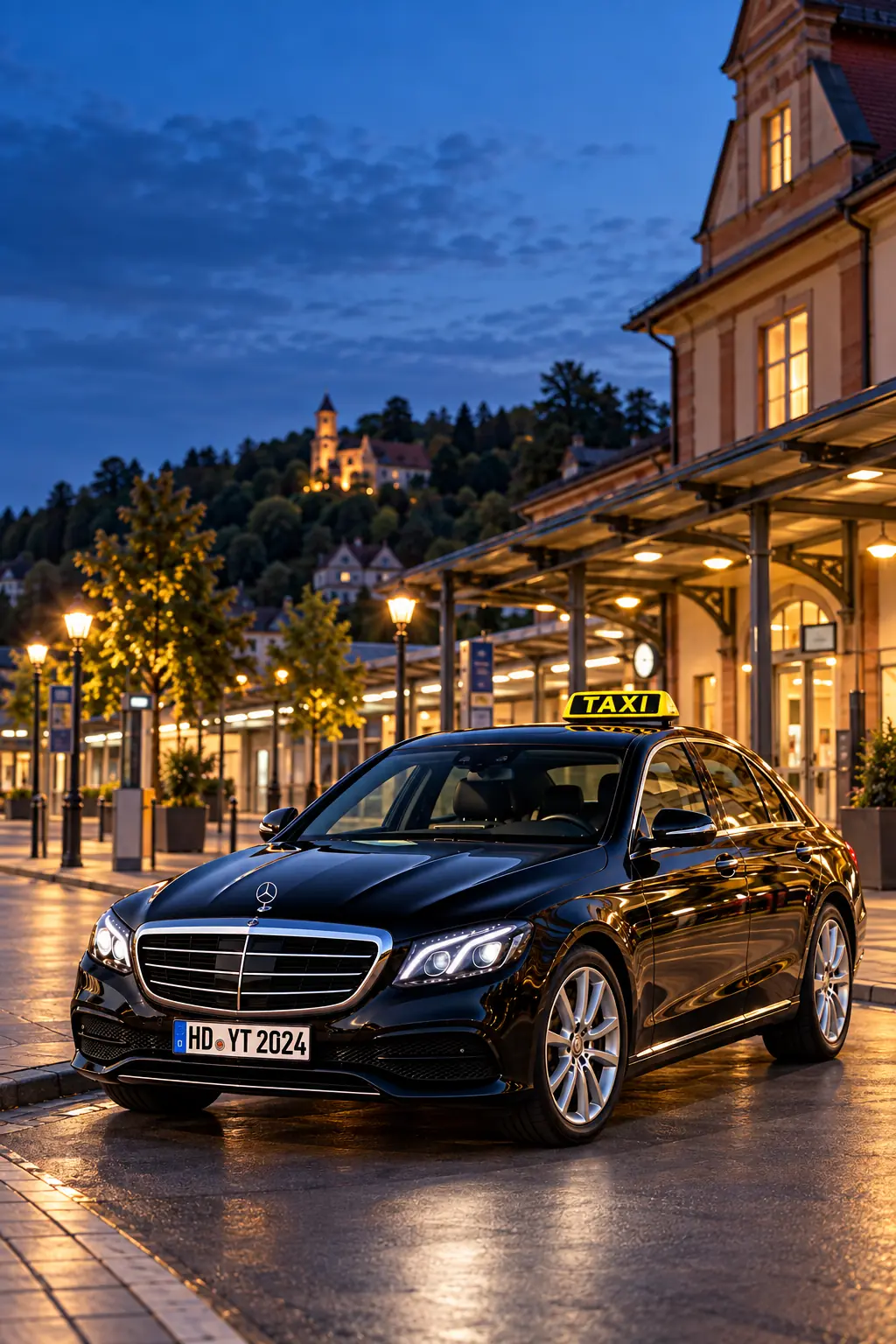 Schwarzes Taxi von Your Taxi Weinheim nahe dem Hauptbahnhof Weinheim