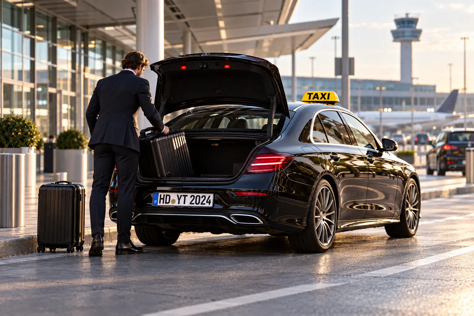 Gepäck wird für einen Flughafentransfer von Your Taxi Weinheim am Fahrzeug bereitgestellt