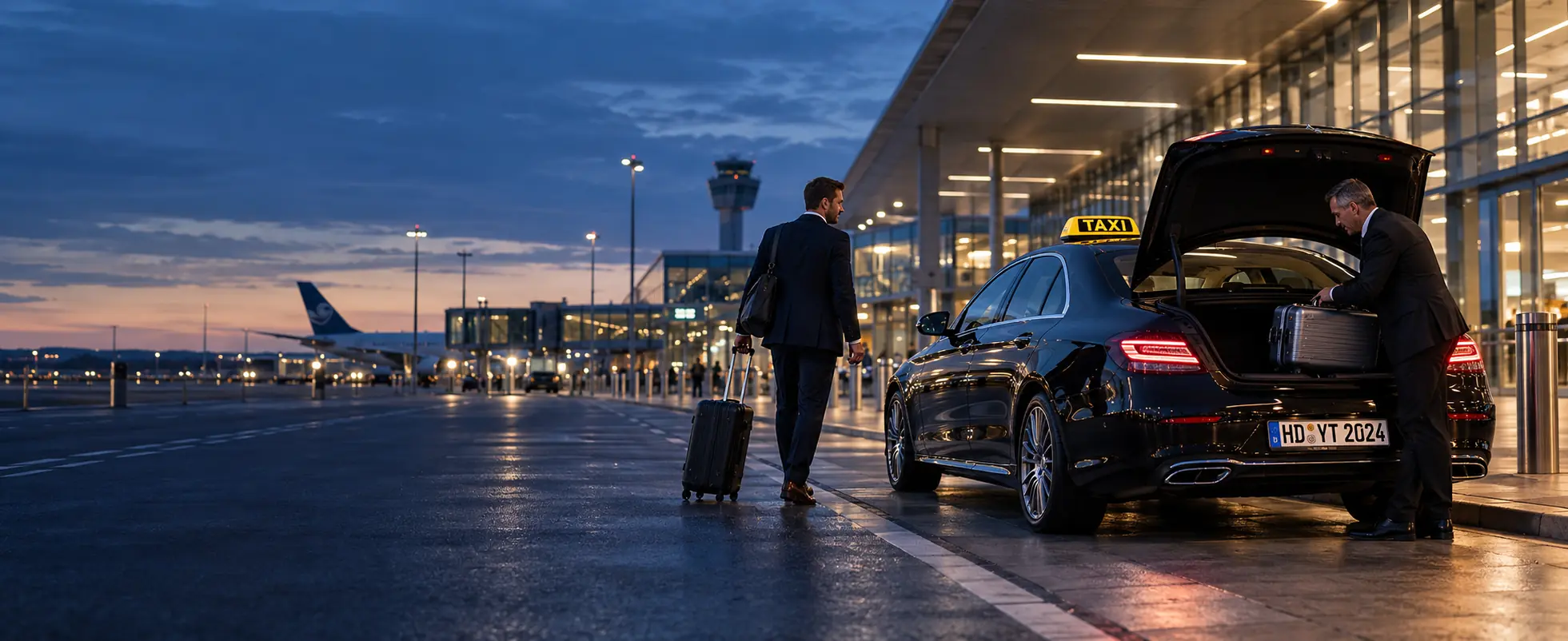 Taxi am Flughafen Frankfurt mit Reisenden und Gepäck – Symbolbild