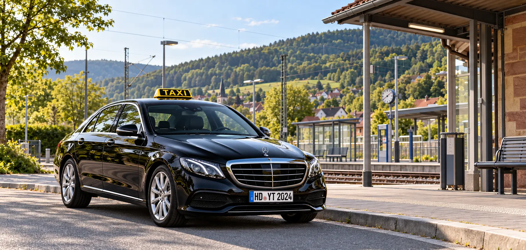 Symbolbild: schwarzes Taxi mit Kennzeichen HD YT 2024 bei einer vereinbarten Abholung am Bahnhof Birkenau