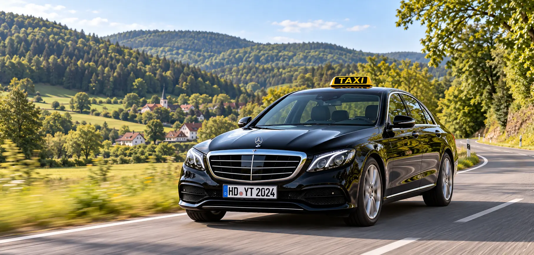 Symbolbild: schwarzes Taxi mit Kennzeichen HD YT 2024 unterwegs zwischen Birkenau und den Ortsteilen