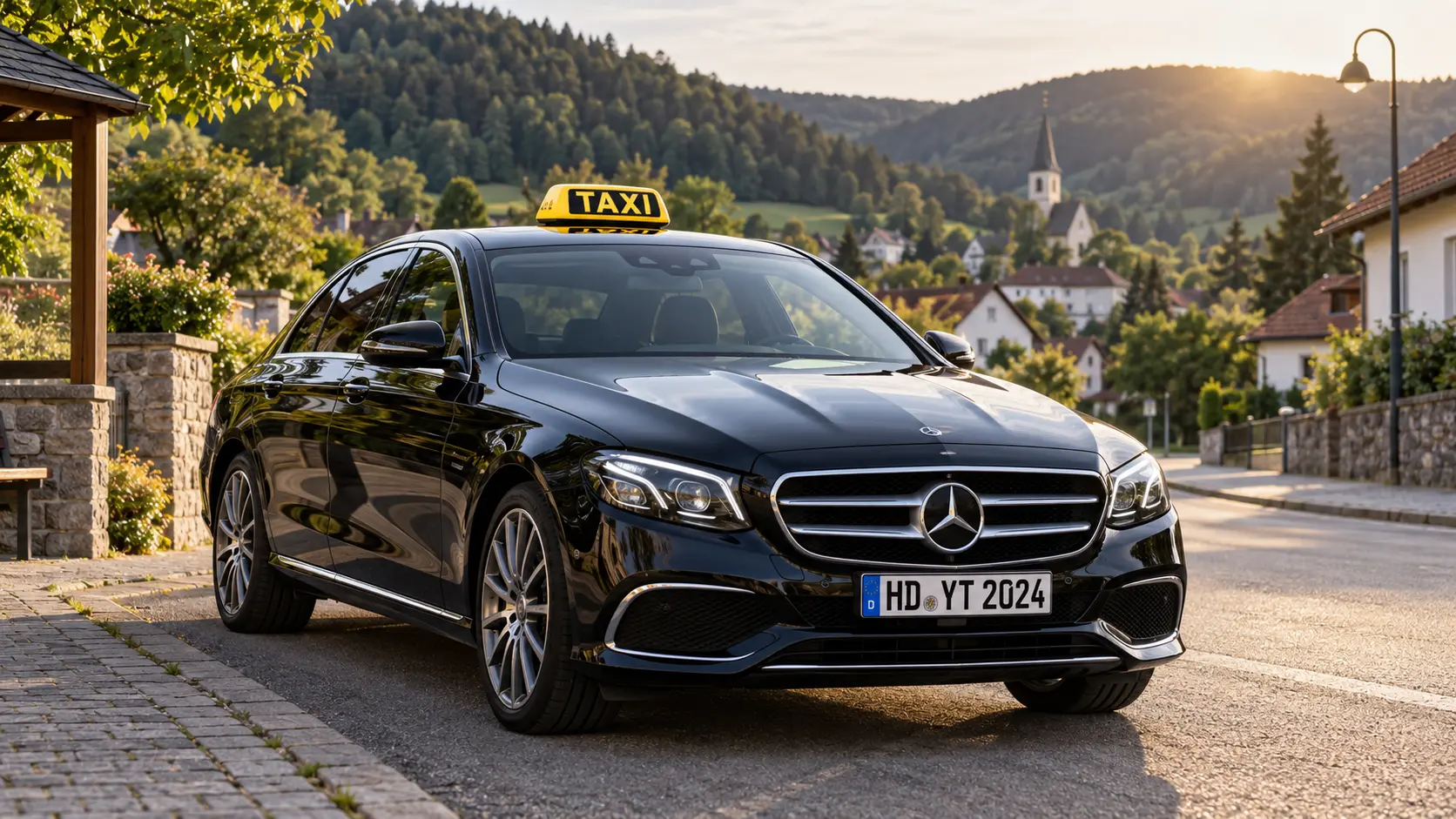 Symbolbild: schwarzes Taxi mit Kennzeichen HD YT 2024 an einem vereinbarten Abholpunkt in Gorxheimertal