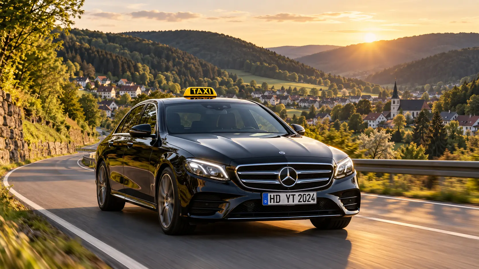 Symbolbild: Taxi mit Kennzeichen HD YT 2024 auf einer Talstraße zwischen den Ortsteilen von Gorxheimertal