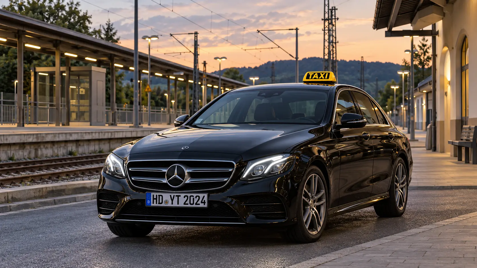 Symbolbild: schwarzes Taxi mit Kennzeichen HD YT 2024 bei einer vereinbarten Abholung am Bahnhof Hemsbach