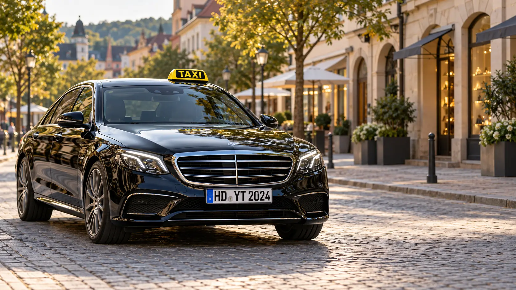 Schwarzes Taxi mit Kennzeichen HD YT 2024 bei einer Stadtfahrt in Weinheim