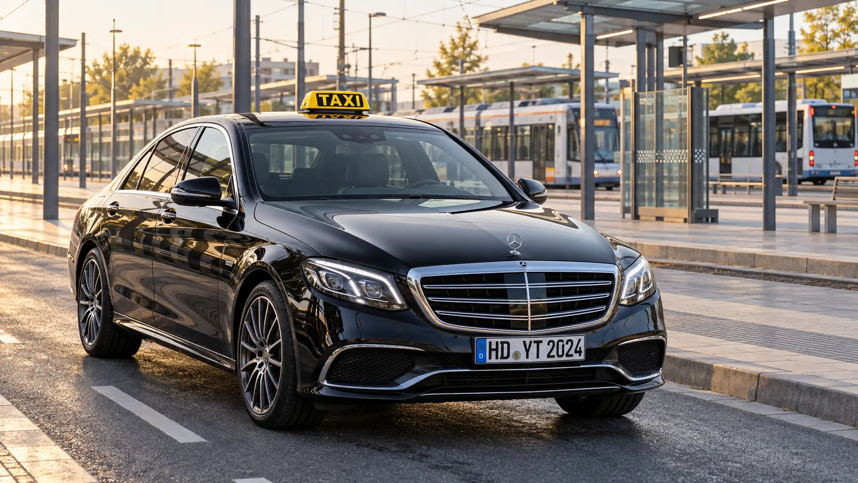 Symbolbild: schwarzes Taxi mit Kennzeichen HD YT 2024 bei einer vereinbarten Abholung am Bahnhof Viernheim