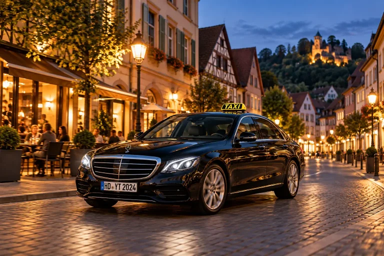 Schwarzes Taxi von Your Taxi Weinheim bei einer Stadtfahrt